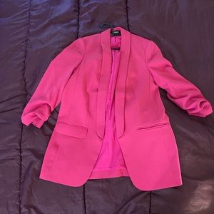 Bright pink Express ruched sleeve boyfriend blazer